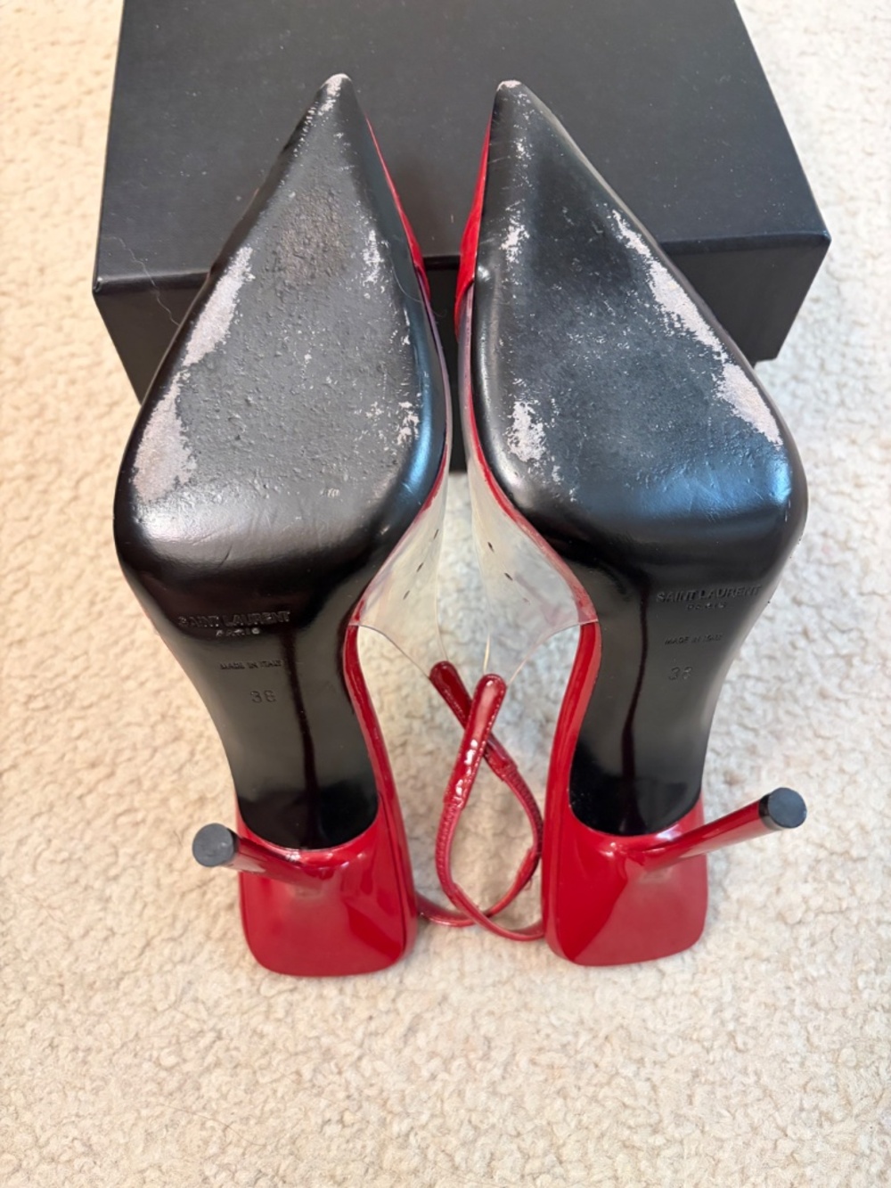 $1,095 SAINT LAURENT Frida Leather And Pvc Slingback Pumps In Cherry - Picture 8 of 13